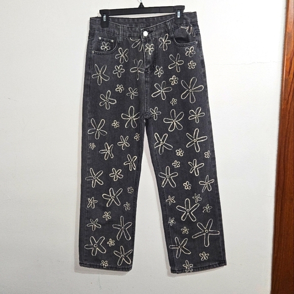 None Denim - Black High Rise Wide Leg Painted Daisy Jeans. Not stretchy at all. 29" Waist.
